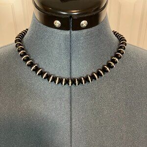 Handcrafted Black Agate w Rhinestone Inlaid Bead Necklace - 18" Long